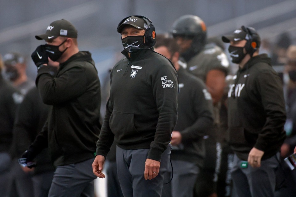 <strong>Army coach Jeff Monken watches the team play Navy on&nbsp;Dec. 12, 2020.&nbsp; Army closed the season on a nice three-game winning streak including back-to-back over rival service academies Navy and Air Force.</strong> (Adam Hunger/AP file)