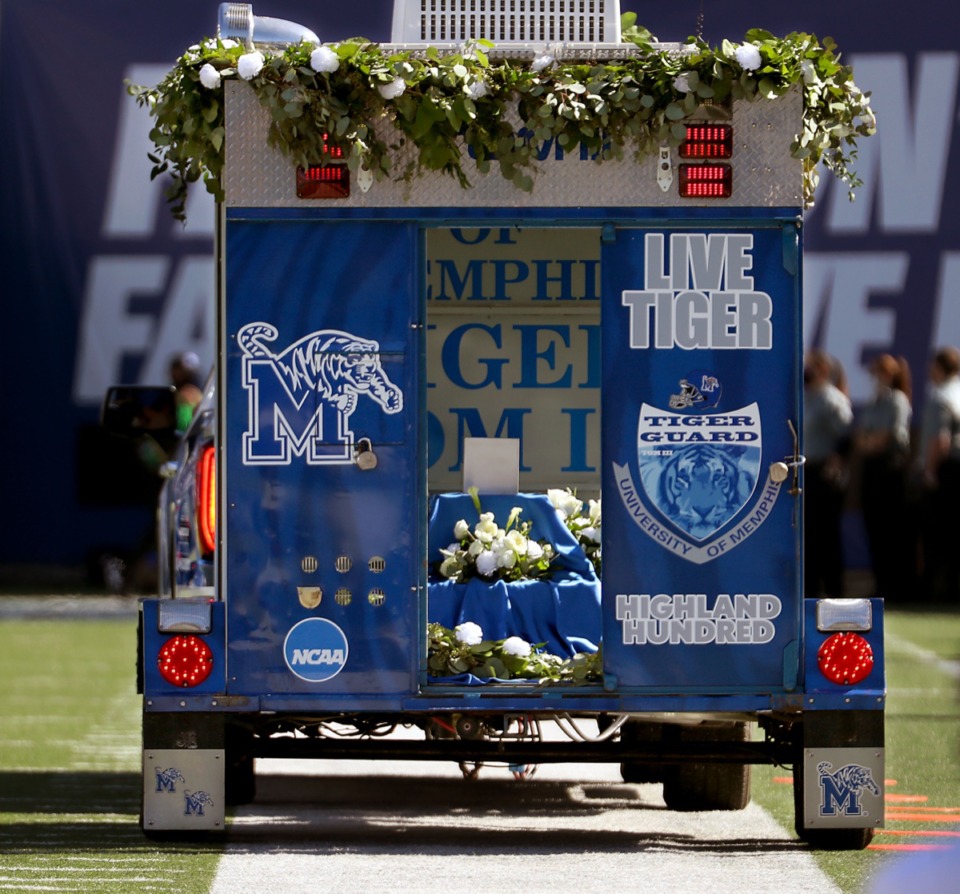 <strong>The ashes of University of Memphis mascot TOM III made one last trip around Liberty Bowl Memorial Stadium during an Oct. 17, 2020 game against the University of Central Florida</strong>. (Patrick Lantrip/Daily Memphian)