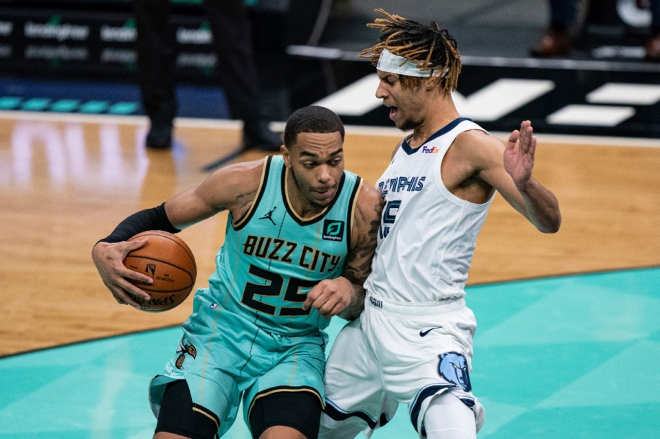 <strong>Charlotte Hornets forward P.J. Washington (25) collides with Memphis Grizzlies forward Brandon Clarke and is called for an offensive foul during the first half of an NBA basketball game in Charlotte, N.C., Friday, Jan. 1, 2021.</strong> (AP Photo/Jacob Kupferman)
