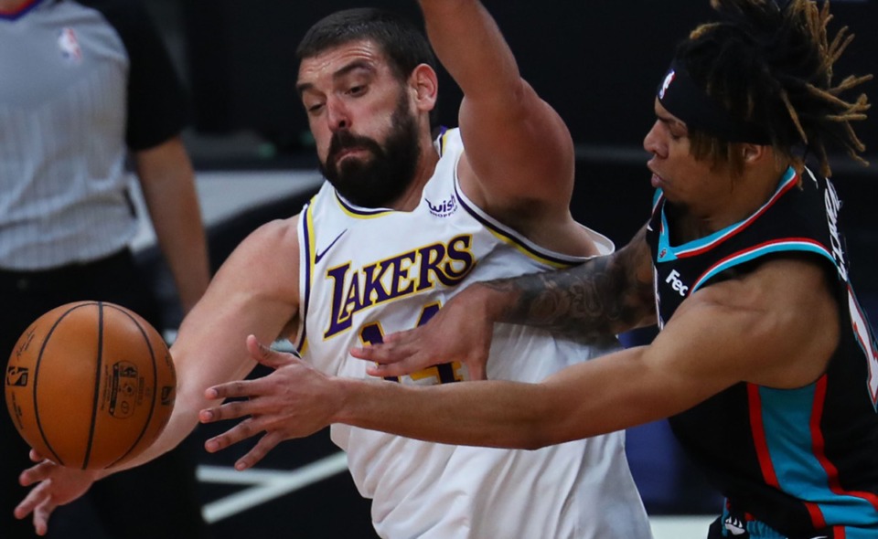 <strong>Los Angeles Lakers center Marc Gasol (14) tries to block the shot of Memphis Grizzlies forward Brandon Clarke during a Jan. 3, 2021 game.</strong> (Patrick Lantrip/Daily Memphian)