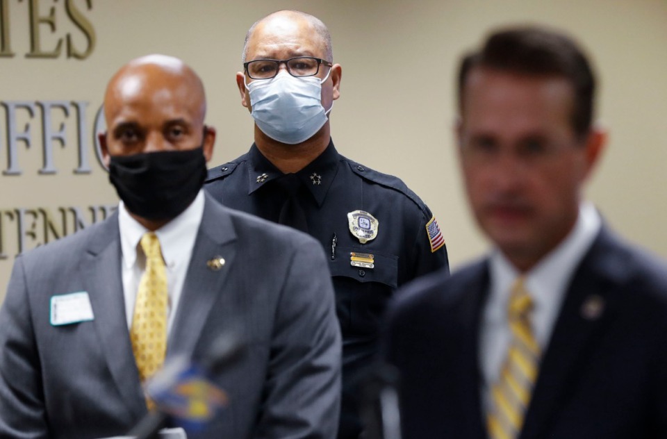 <strong>Memphis Police Director Michael Rallings (middle) attends a press conference on Aug. 6, 2020.</strong> (Mark Weber/Daily Memphian)