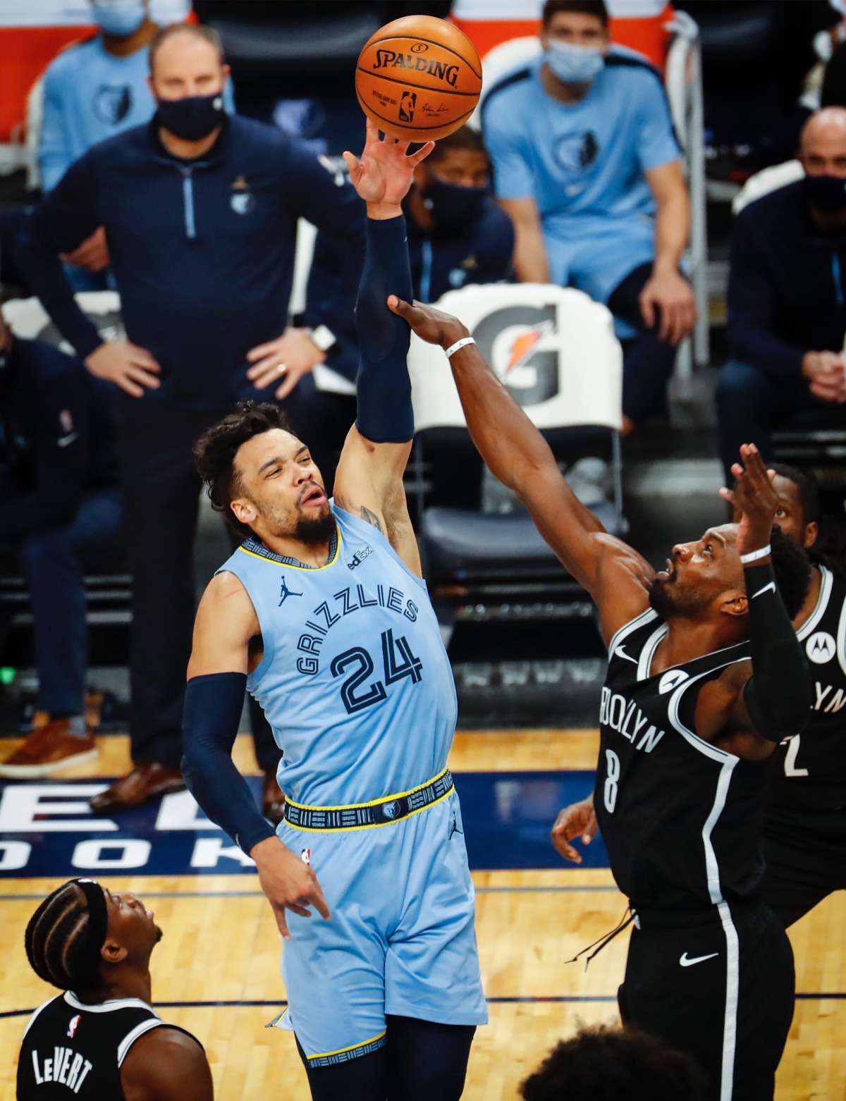 <strong>Grizzlies guard Dillion Brooks (left) makes a basket against Brooklyn&rsquo;s Jeff Green (right) on Friday, Jan. 8, 2021.</strong> (Mark Weber/The Daily Memphian)