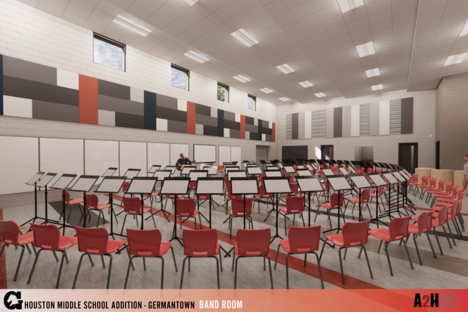 <strong>The band room is 2,400 square feet. The vaulted ceilings could allow color guard to practice in the room.</strong>&nbsp;(Submitted)