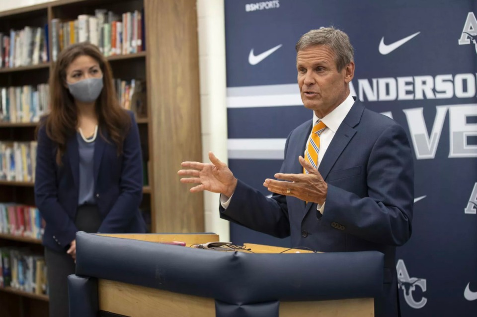 <strong>Tennessee Education Commissioner Penny Schwinn (in a file photo) looks on as Gov. Bill Lee speaks during a visit to Anderson County schools.</strong> (Wade Payne/State of Tennessee Photo Service)