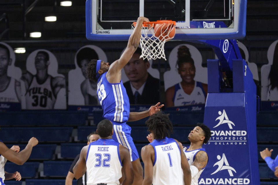 <strong>Backup center Malcolm Dandridge (23) played one of his best games this season (10 points and 10 rebounds) as the University of Memphis Tigers faced the Golden Hurricane at Reynolds Center in Tulsa.</strong> (Bill Powell/University of Tulsa)
