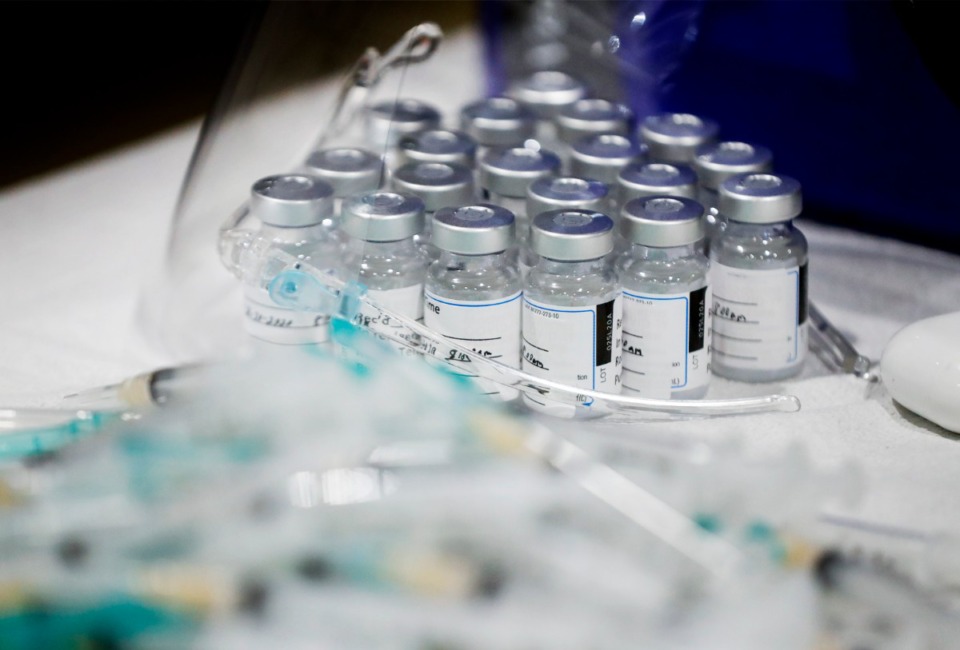 <strong>Vials of COVID-19 vaccine stand ready to be administered by Shelby County Health Department personnel and volunteers&nbsp; on Tuesday, Jan. 12, 2021 in the Pipkin Building at Tiger Lane.</strong> (Mark Weber/Daily Memphian)