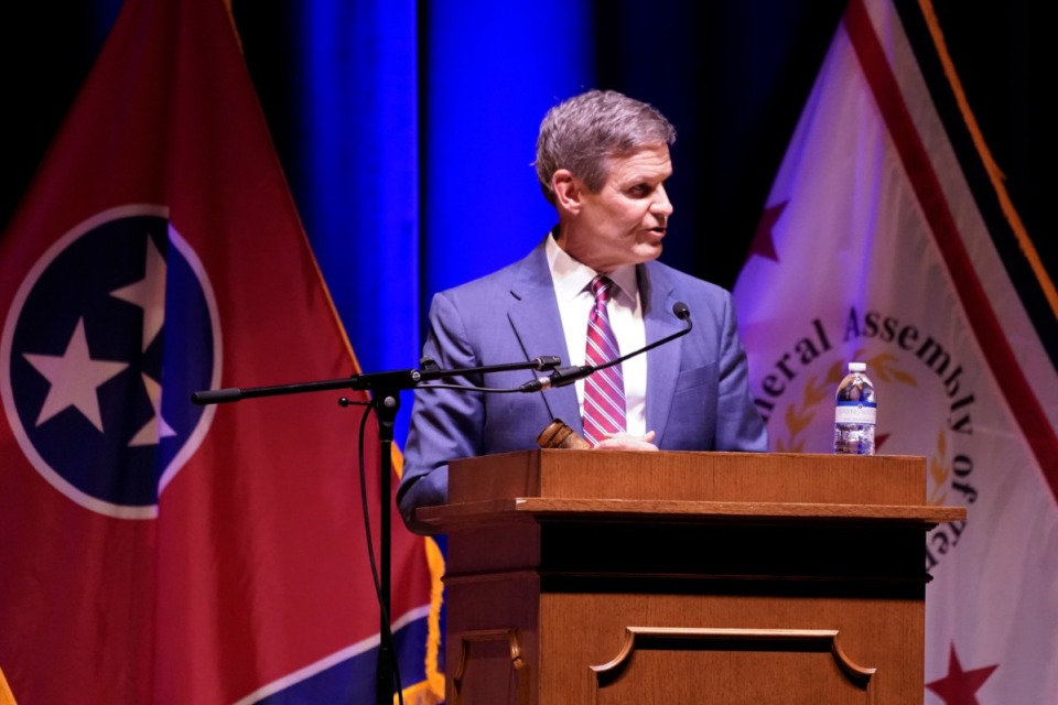 <strong>Tennessee Gov. Bill Lee speaks to a joint session of the legislature at the start of a special session on education, Tuesday, Jan. 19, 2021, in Nashville.</strong> <strong>Lee announced an executive order which permits school faculty and players&rsquo; grandparents to be in the stands.</strong> (Mark Humphrey/AP)