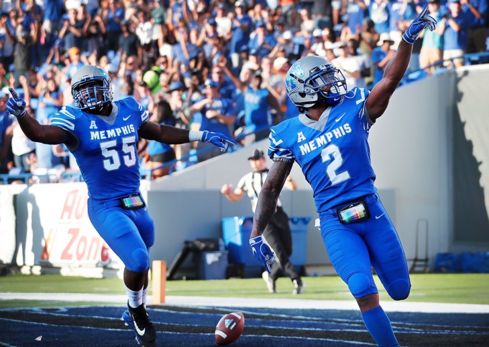 <strong>Former Tigers defensive back T.J. Carter (2), celebrated an interception against the Mercer Bears at the Liberty Bowl Memorial Stadium in 2018.</strong>&nbsp;(Daily Memphian file)
