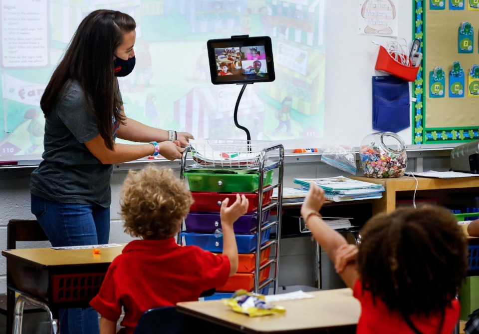 <strong>Harding Academy Lower School kindergarten students wave goodbye to their virtual learning classmates in teacher Mallory Gatlin&rsquo;s classroom on Friday Sept. 18, 2020.</strong> (Mark Weber/The Daily Memphian file)