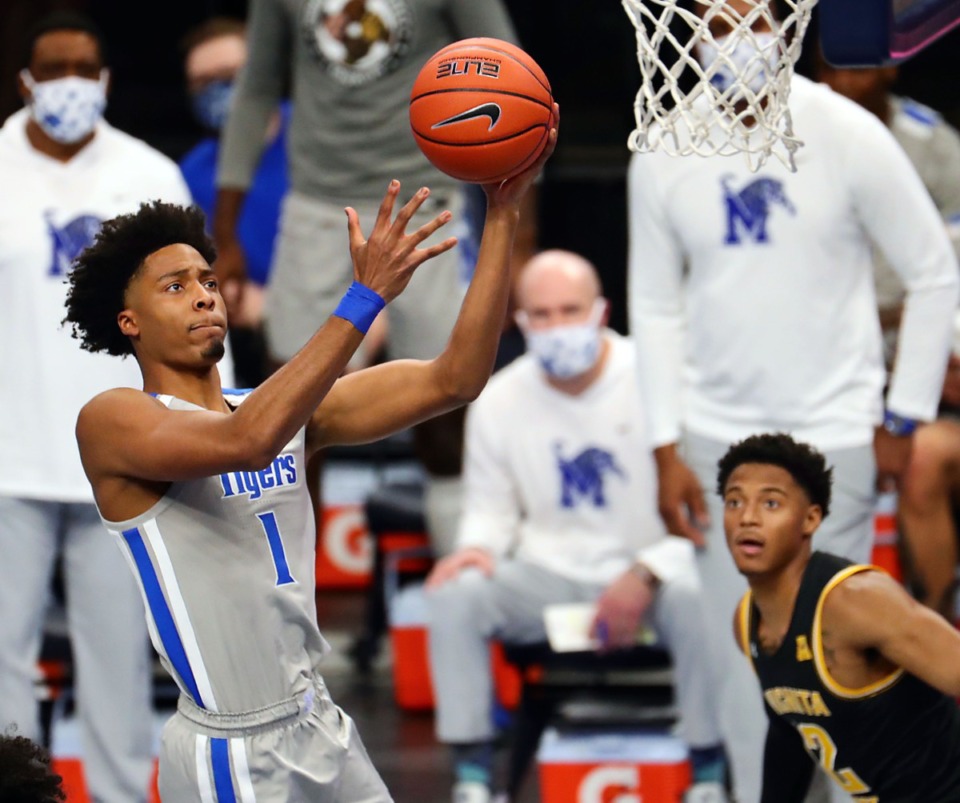 <strong>University of Memphis guard Jayden Hardaway (1) goes up for a layup during the Jan. 21, 2021, game against the Wichita State Shockers at FedExForum.</strong> (Patrick Lantrip/Daily Memphian)