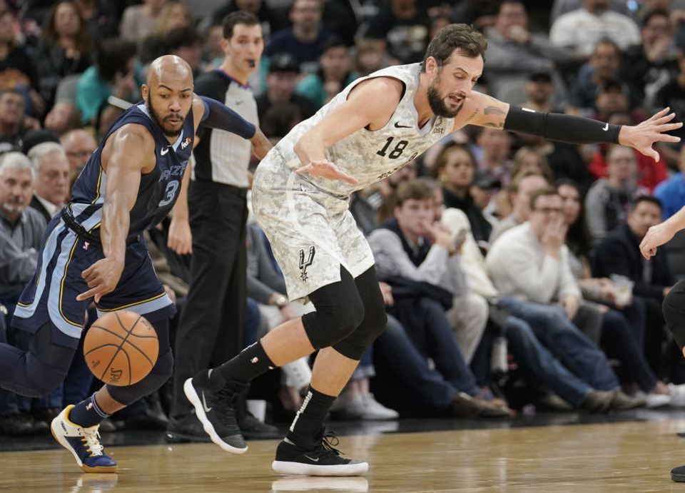 <span><strong>San Antonio Spurs' Marco Belinelli (18) is fouled by Memphis Grizzlies' Jevon Carter during the first half of an NBA basketball game, Saturday, Jan. 5, 2019, in San Antonio.</strong> (AP Photo/Darren Abate)</span>