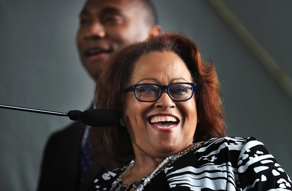<strong>Shelby County Mayor Lee Harris (left) and Memphis City Council member Patrice Robinson read the proclamation as Elvis fans gather at Graceland on Jan. 8, 2019, to celebrate the King of Rock &rsquo;n&rsquo; Roll&rsquo;s 84th birthday during the annual birthday proclamation and cake cutting ceremony on the front lawn.&nbsp;&nbsp;</strong>(Jim Weber/Daily Memphian)