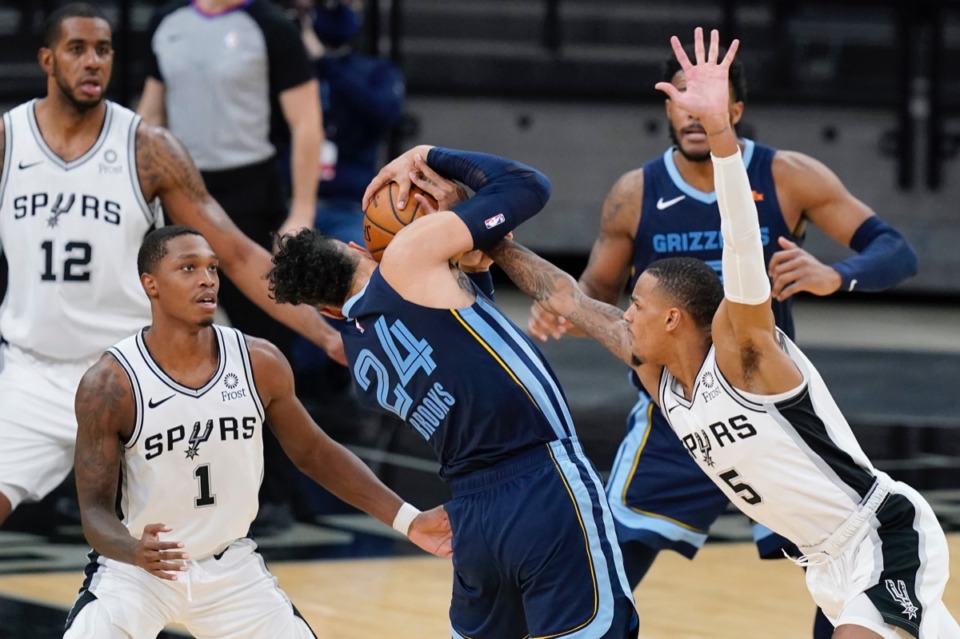 <strong>San Antonio Spurs guard Dejounte Murray (5) reached in on Memphis Grizzlies guard Dillon Brooks (24) in San Antonio, Monday, Feb. 1, 2021.</strong> (Eric Gay/AP)