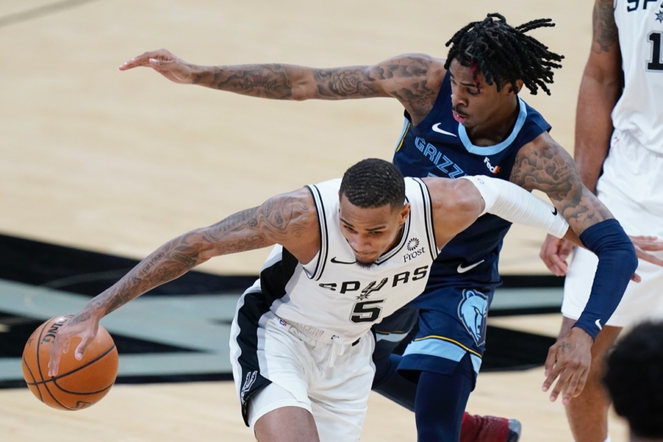 <strong>San Antonio Spurs guard Dejounte Murray (5) is pressured by Memphis guard Ja Morant (12) in the Grizzlies&rsquo; 133-102 victory.</strong> (Eric Gay/AP)