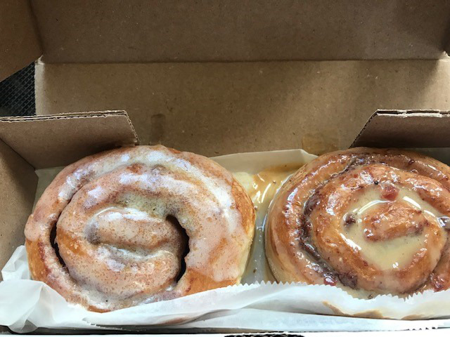 <strong>Slim &amp; Husky's doesn&rsquo;t have just generic cinnamon rolls; it has five kinds of them. This duo is the S&amp;H house with cream cheese and brown sugar sauce (left) and the "Sticky Fingaz" with caramel sauce, bacon and glazed pecans (right).</strong> (Peggy Burch/Daily Memphian)