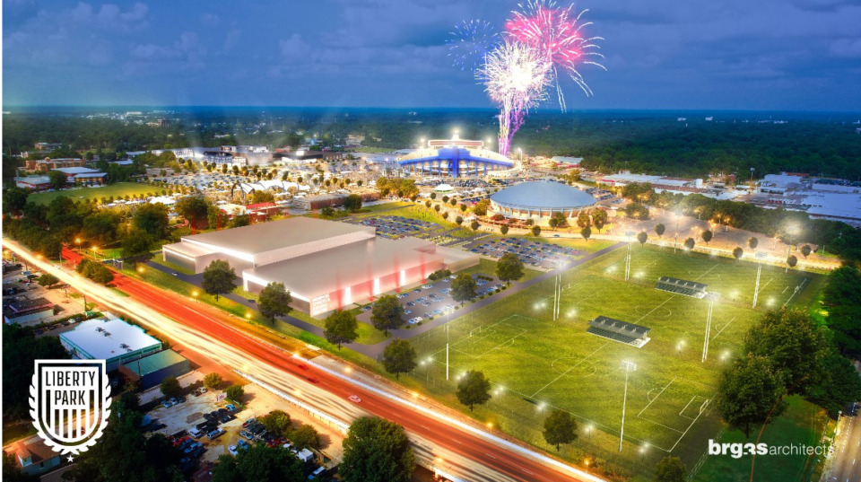 <strong>This rendering of Liberty Park/Fairgrounds looks to the northeast with the 277,000-square-foot Memphis Sports and Events Center fronting on East Parkway and athletic fields at the East Parkway and Southern Avenue corner.</strong> (Courtesy&nbsp; &nbsp;LibertyParkMemphis.com)