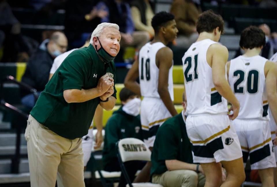 <strong>Briarcrest head coach John Harrington instructs his players during a break in the game against MUS on Tuesday, Feb. 2, 2021.</strong> (Mark Weber/The Daily Memphian)