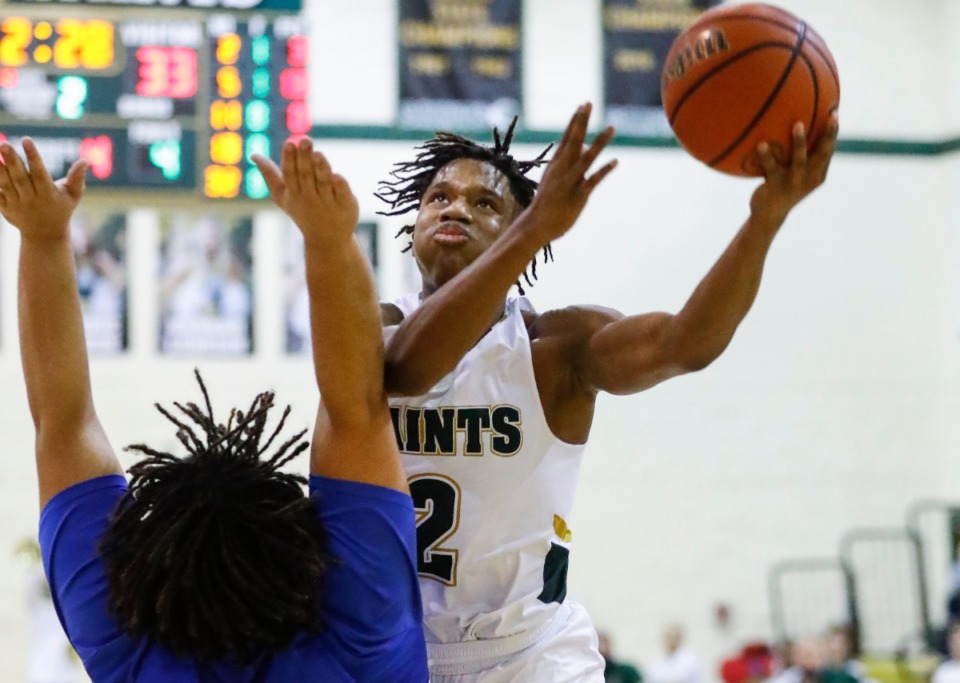 <strong>Briarcrest guard Jay Nash drives for a layup against MUS on Tuesday, Feb. 2, 2021.</strong> (Mark Weber/The Daily Memphian)