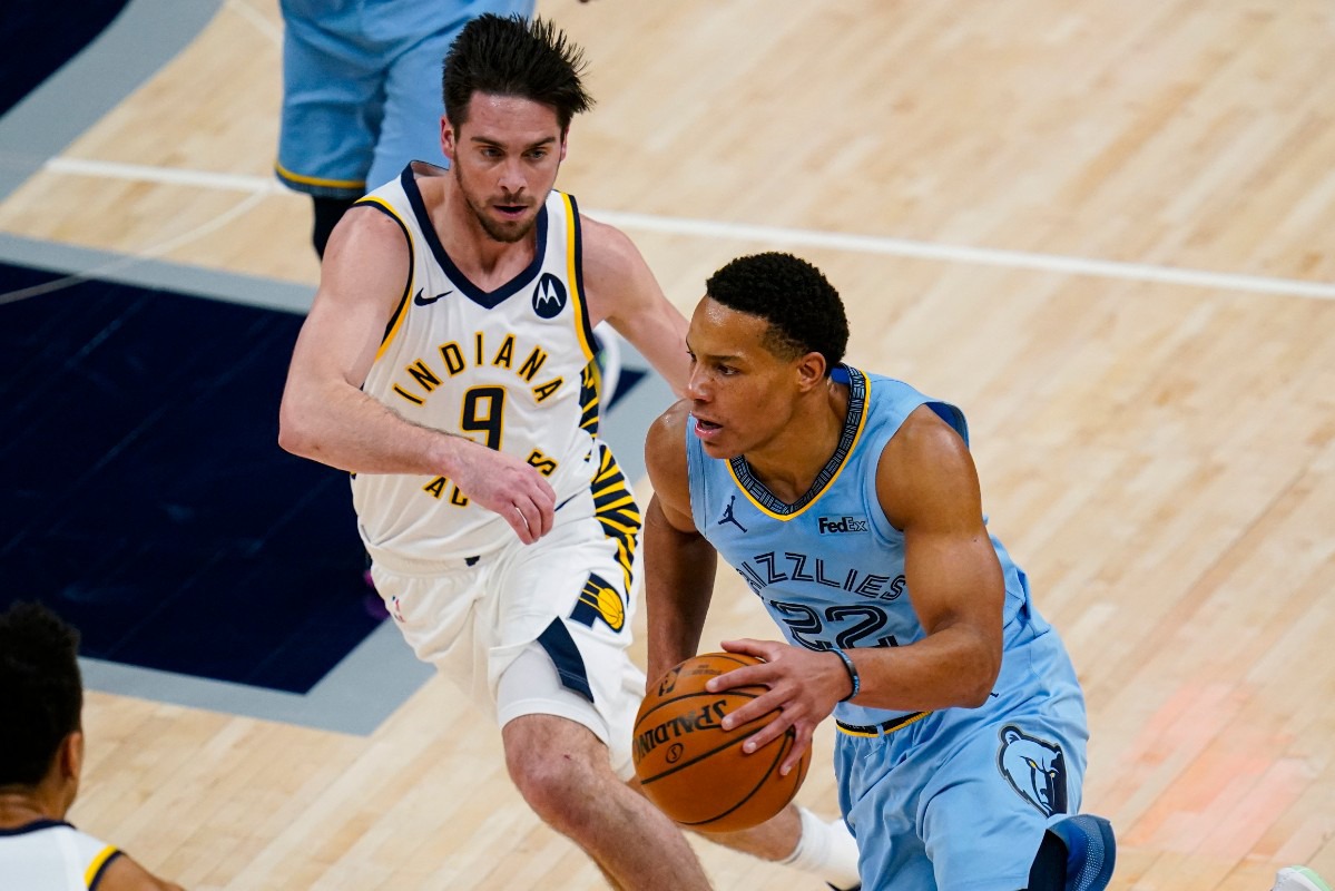 <strong>Memphis Grizzlies guard Desmond Bane (22) drives on Indiana Pacers guard T.J. McConnell (9) in Indianapolis, Tuesday, Feb. 2, 2021.</strong> (Michael Conroy/AP)