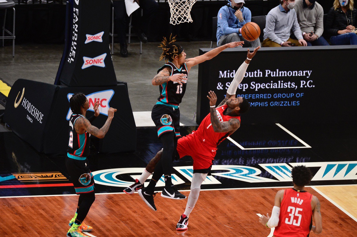 <strong>Memphis Grizzlies forward Brandon Clarke (15) blocks a shot by Houston Rockets guard John Wall (1) on Feb. 4, 2021, Tenn.</strong> (Brandon Dill/AP)