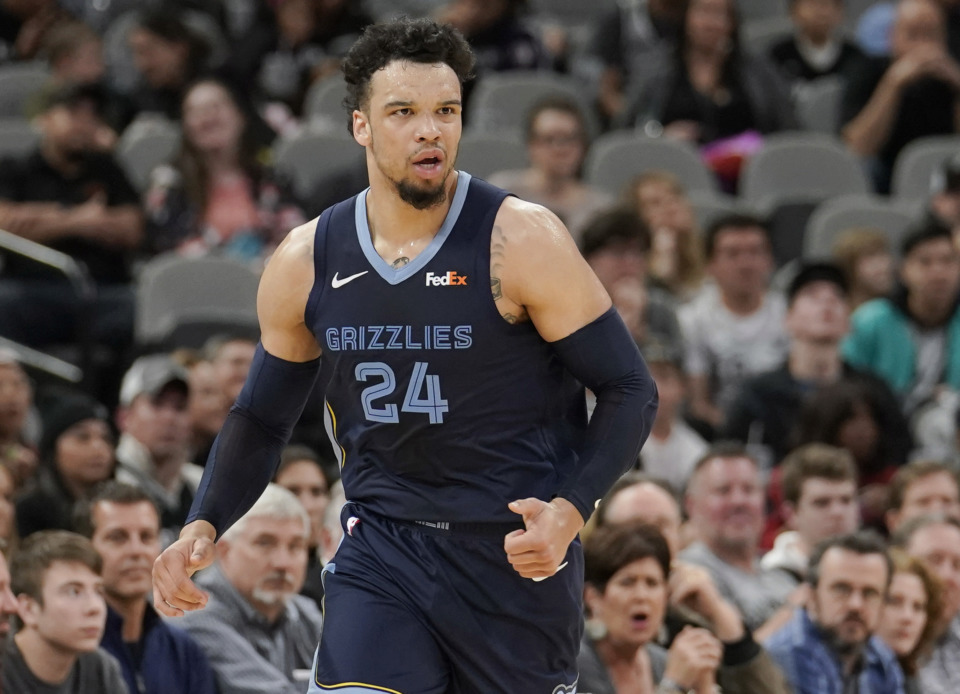 <span><strong>Memphis Grizzlies' Dillon Brooks celebrates a three-point basket during the second half of an NBA basketball game against the San Antonio Spurs, Saturday, Jan. 5, 2019, in San Antonio.</strong> (AP Photo/Darren Abate)</span>
