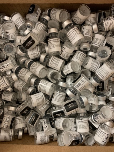 <strong>&ldquo;Twelve hundred eight doses today. Give or take....&rdquo; Dr. Amy Hertz said Friday, Feb. 5, when she snapped a photo of vaccine vials at Appling station.</strong> (Submitted photo by Dr. Amy Hertz)
