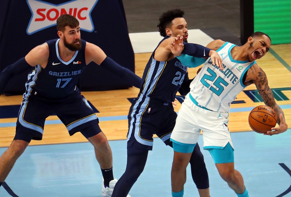 <strong>Memphis Grizzles guard Dylan Brooks (24) tries to steal the ball from Charlotte Hornets forward P.J. Washington (25) at FedExForum Feb.10.</strong> (Patrick Lantrip/Daily Memphian)