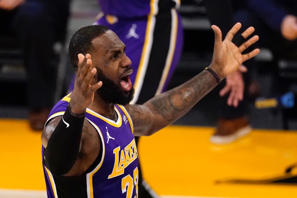 <strong>Lakers forward LeBron James complains about the lack of a foul call in the game against the Memphis Grizzlies on Friday, Feb. 12, 2021, in Los Angeles.</strong> (Mark J. Terrill/AP)