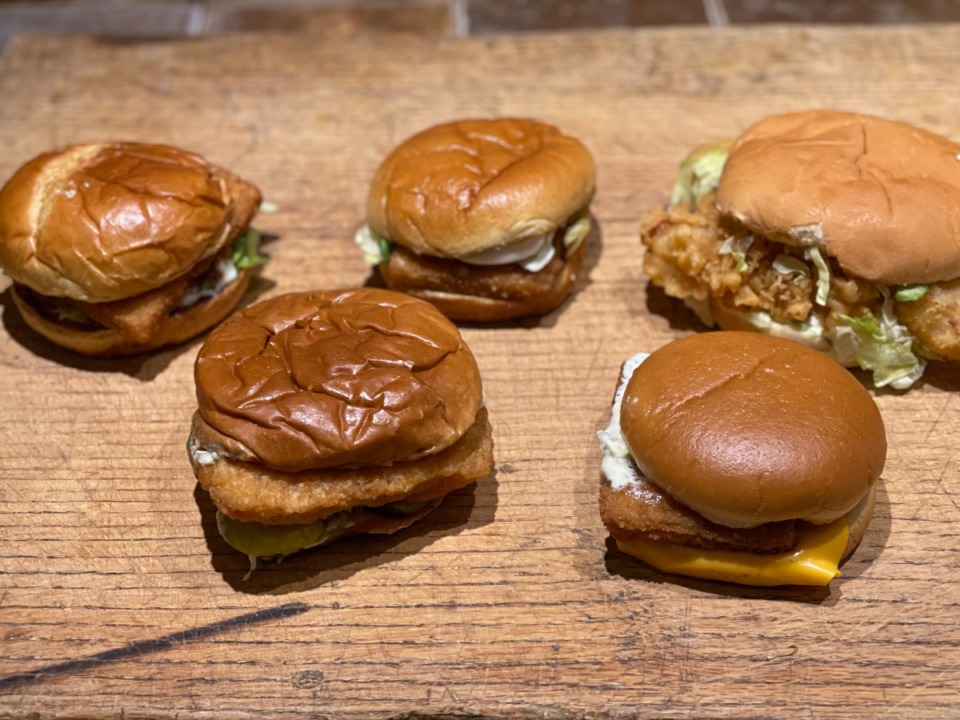 <strong>Fish sandwiches, back from left: Sonic, Burger King, Captain D&rsquo;s. Front from left: Popeye&rsquo;s, McDonald&rsquo;s.</strong> (Jennifer Biggs/Daily Memphian)