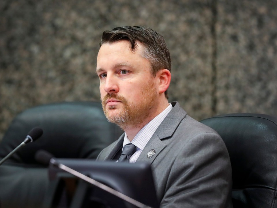 <strong>Shelby County Commissioner Mick Wright (seen during a meeting on Feb. 24, 2020) wants state government to send National Guard troops and logistics experts to help the city dispense COVID-19 vaccinations.</strong> (Mark Weber/Daily Memphian file)