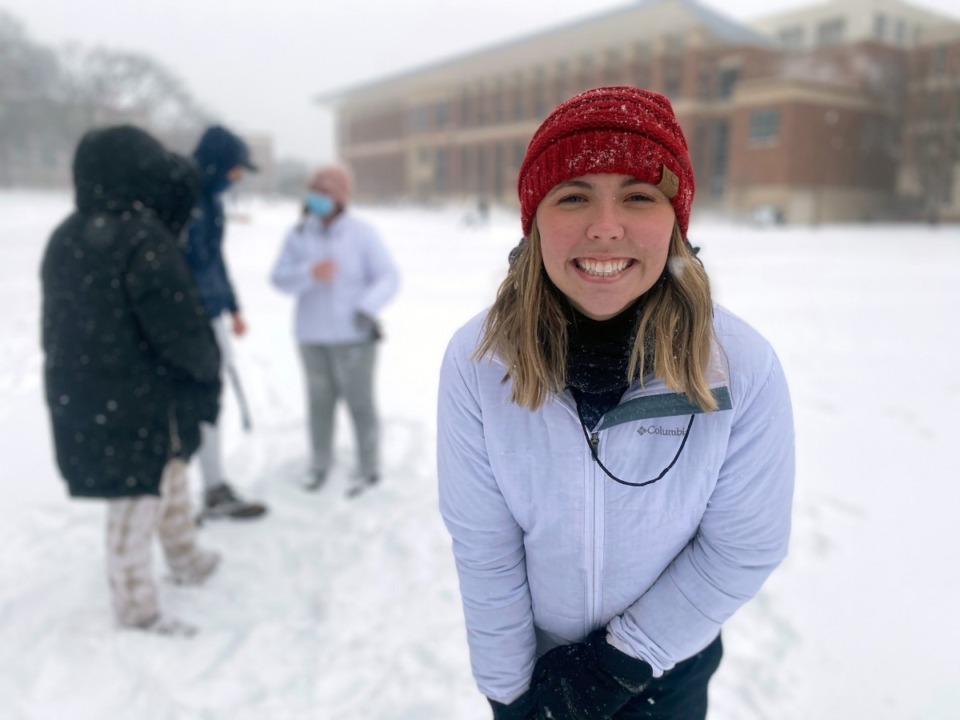 <strong>University of Memphis student Grace Scudder plays in the snow on the closed campus, as a winter storm passes through Memphis, Tennessee on Monday afternoon Feb. 15, 2021.</strong> (Elli-Rose Focht/Special To The Daily Memphian)