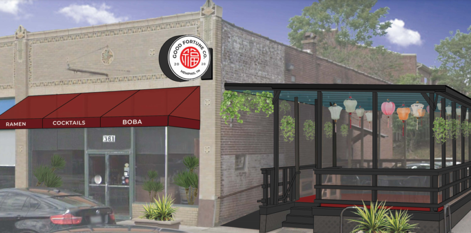 <strong>Rendering of planned improvements to 361 S. Main, including enclosing the patio, installing awning and removing the dark tint from the windows.</strong> (Credit: DMC)