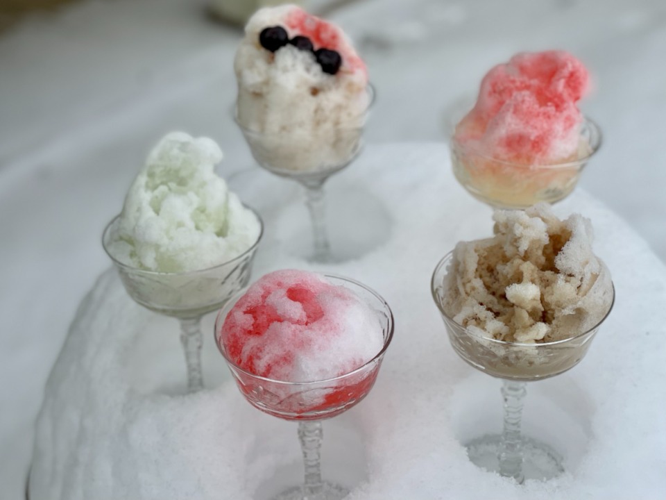 <strong>Clockwise from top left: Manhattan, copycat Jameson Slushie, White Russian, Cherry Lemonade, The Last Word, all made with snow.</strong> (Jennifer Biggs/Daily Memphian)