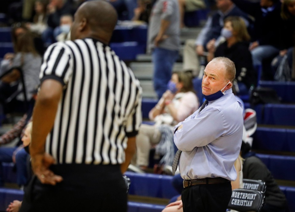 <strong>Northpoint Christian head coach Barry Gray (middle) gives an official the hairy eyeball after a call against his team during the game against Tipton-Rosemark Academy on Monday, Feb. 22, 2021.</strong> (Mark Weber/The Daily Memphian)