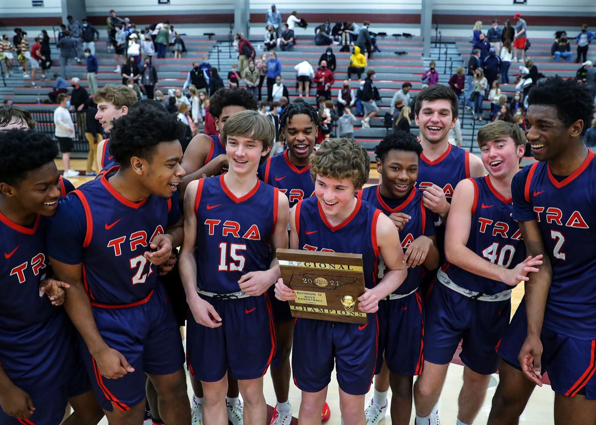 <strong>Tipton-Rosemark celebrates a state regional title after the Feb. 23, 2021, game against ECS.</strong> (Patrick Lantrip/Daily Memphian)