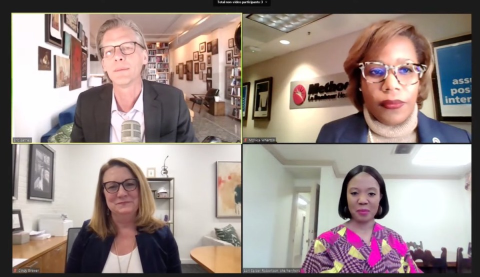 <strong>Eric Barnes (top left) hosted the Daily Memphian&rsquo;s virtual Women and Business Seminar Feb. 25, starring (clockwise from top right)&nbsp;Monica Wharton, Lori Spicer-Robertson and Cindy Brewer.&nbsp;</strong>