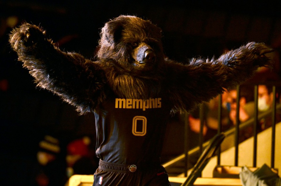 <strong>Grizz, the Memphis Grizzlies mascot, stands on stage before an NBA basketball game between the Grizzlies and the New Orleans Pelicans Tuesday, Feb. 16, 2021, at FedExForum.</strong> (Brandon Dill/AP)