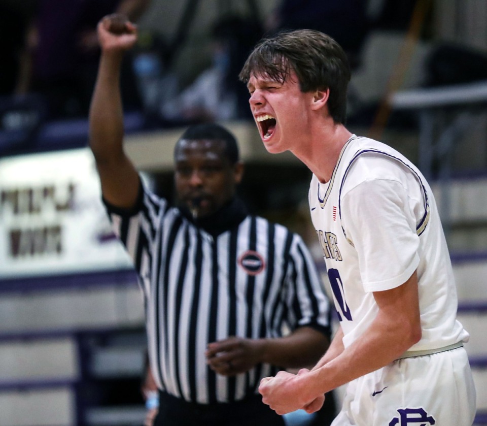 <strong>CBHS guard Harrison Kelly celebrates after hitting a three-pointer while getting fouled during a Feb. 27, 2021 game in Memphis against Lipscomb Academy.</strong> (Patrick Lantrip/Daily Memphian)