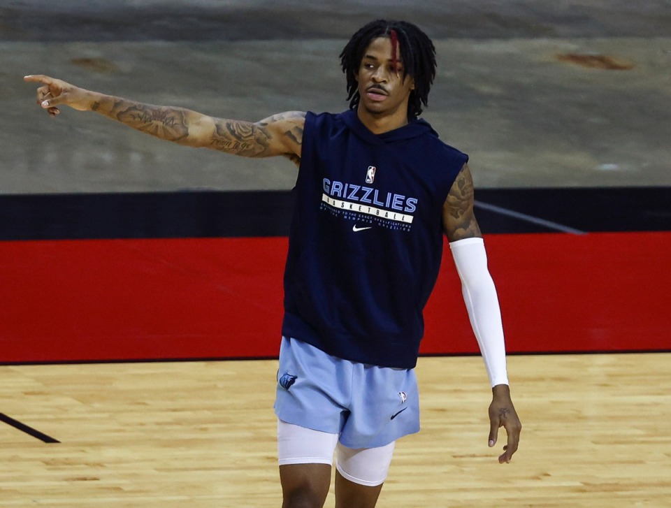 <strong>Memphis Grizzlies guard Ja Morant (12) warms up before an NBA basketball game against the Houston Rockets in Houston, Sunday, Feb. 28, 2021.</strong> (Troy Taormina/AP)