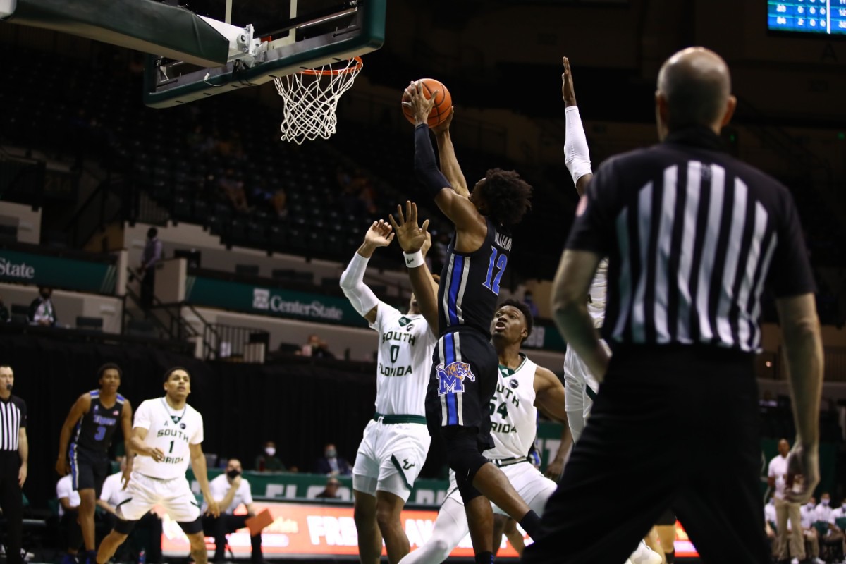 <strong>DeAndre Williams goes up for a layup against USF March 2, 2021.</strong> (Courtesy University of Memphis)