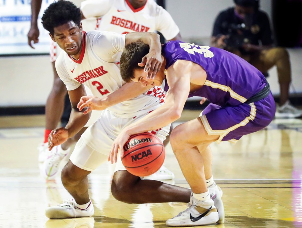 <strong>Tipton-Rosemark&rsquo;s Alex Anderson (left) fouls Christ Presbyterian guard Evan Shiflet (right) during the Division II Class A semifinals game on Thursday, March 4, 2021, in Cookeville.</strong> (Mark Weber/The Daily Memphian)