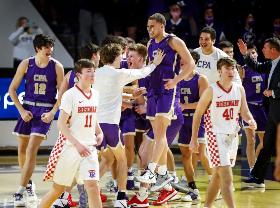 <strong>Christ Presbyterian players celebrate an 81-70 victory over Tipton-Rosemark in the Division II Class A semifinals game on Thursday, March 4, 2021, in Cookeville.</strong> (Mark Weber/The Daily Memphian)