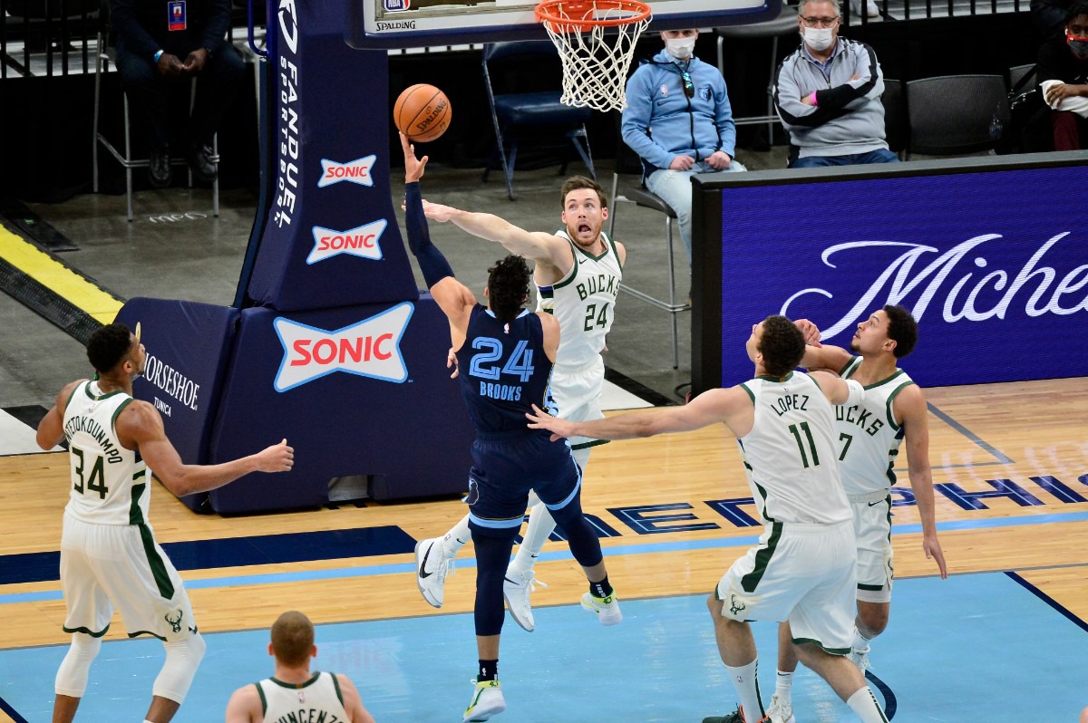 <strong>Grizzlies guard Dillon Brooks (24) shoots against Milwaukee Bucks guard Pat Connaughton (24)&nbsp;on March 4 at FedExForum.</strong> (Brandon Dill/AP)