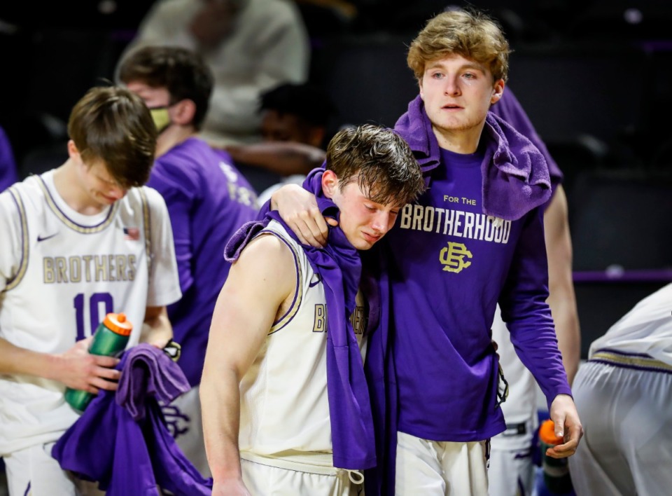 <strong>CBHS senior Elijah Federman (middle) walks off the court with his teammates after losing 69-61 Brentwood Academy in the Division II Class AA semifinals game on Friday, March 5, 2021, in Cookeville.</strong> (Mark Weber/The Daily Memphian)