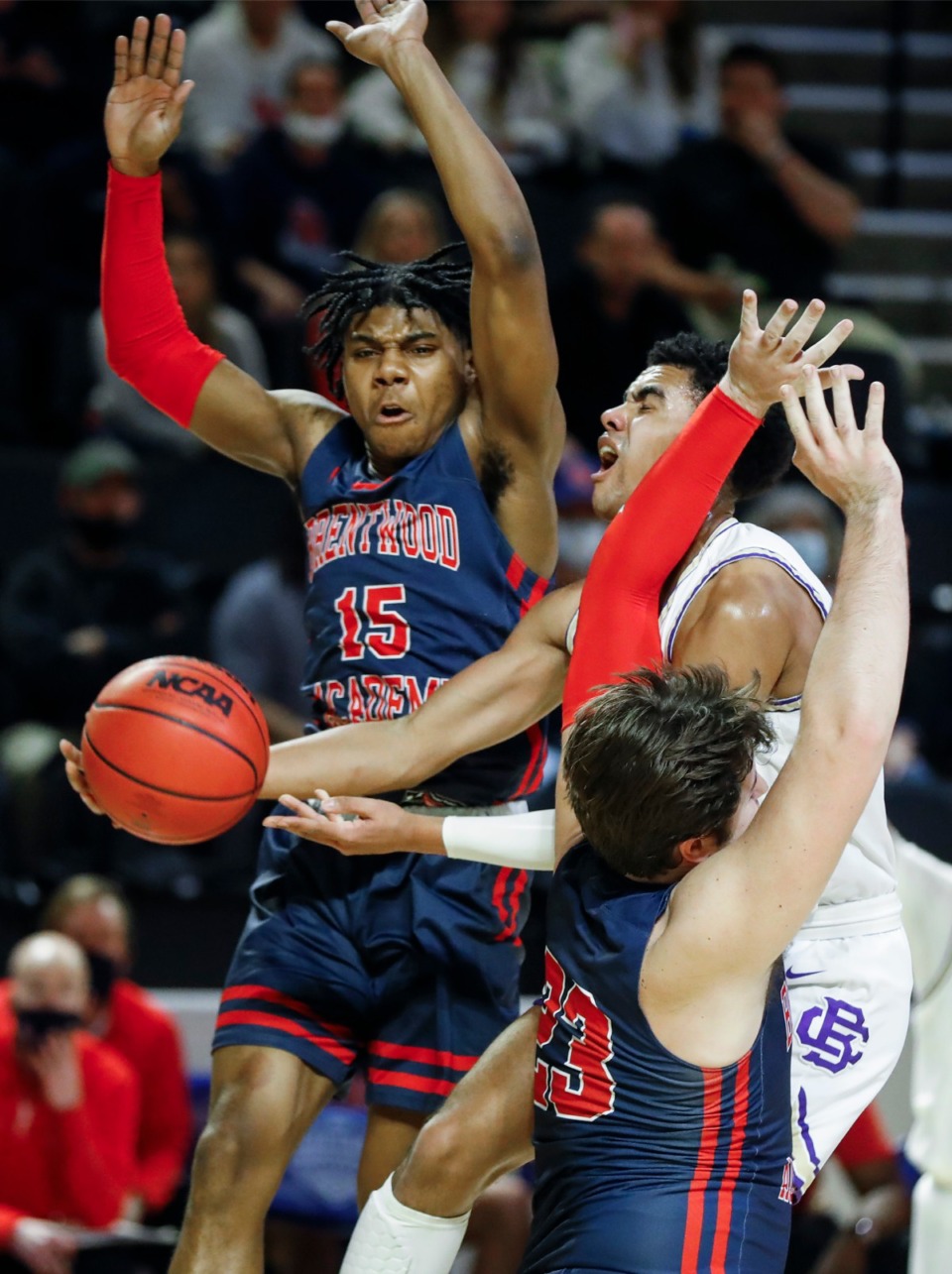 <strong>CBHS guard Reese McMullen (middle) drives the lane against Brentwood Academy in the Division II Class AA semifinals game on Friday, March 5, 2021, in Cookeville.</strong> (Mark Weber/The Daily Memphian)