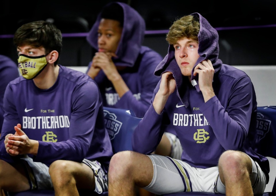 <strong>Dejected CBHS players watch the final minutes of a 69-61 loss to Brentwood Academy in the Division II Class AA semifinals game on Friday, March 5, 2021, in Cookeville.</strong> (Mark Weber/The Daily Memphian)