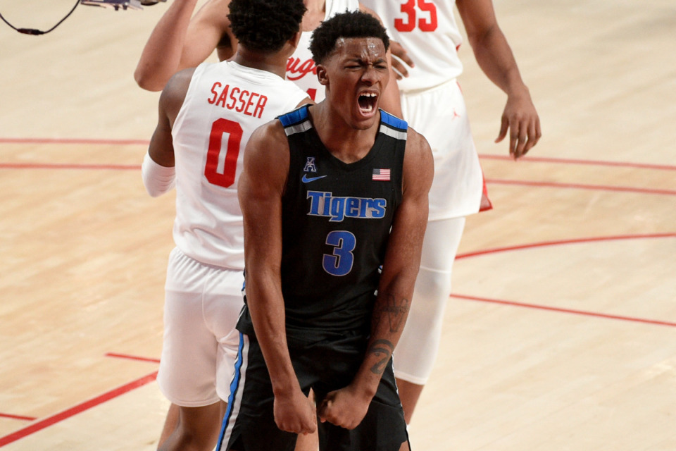 <strong>Memphis guard Landers Nolley II (3) reacts after drawing a foul during the first half of an NCAA college basketball game against Houston, Sunday, March 7, 2021, in Houston.</strong> <strong>The Cougars won 67-64 on a last second 3-point shot.</strong> (Eric Christian Smith/AP)