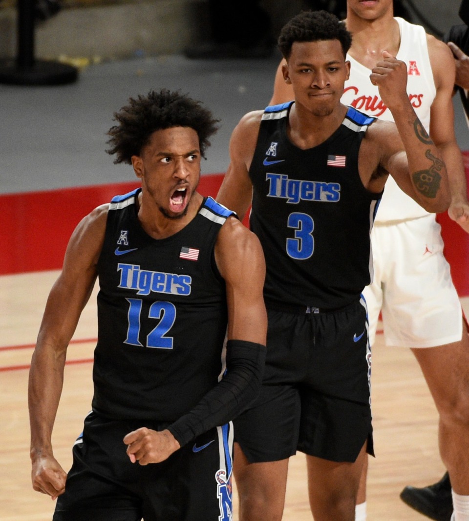 <strong>Memphis forward DeAndre Williams (12) reacts after drawing a foul during the second half of an NCAA college basketball game against Houston, Sunday, March 7, 2021, in Houston.</strong> (Eric Christian Smith/AP)