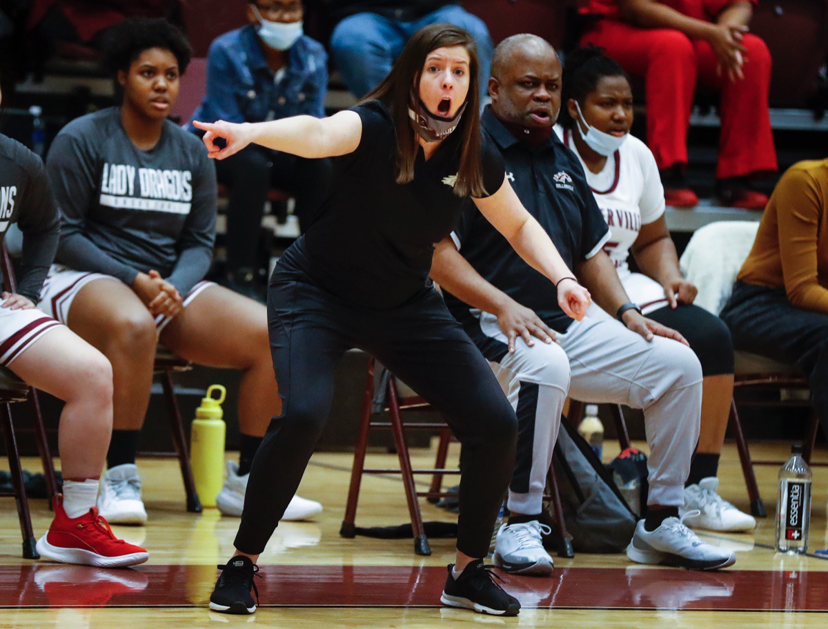 <strong>Collierville head coach Jessica Green gets animated in the game against Arlington on Monday, March 8, 2021.</strong> (Mark Weber/The Daily Memphian)