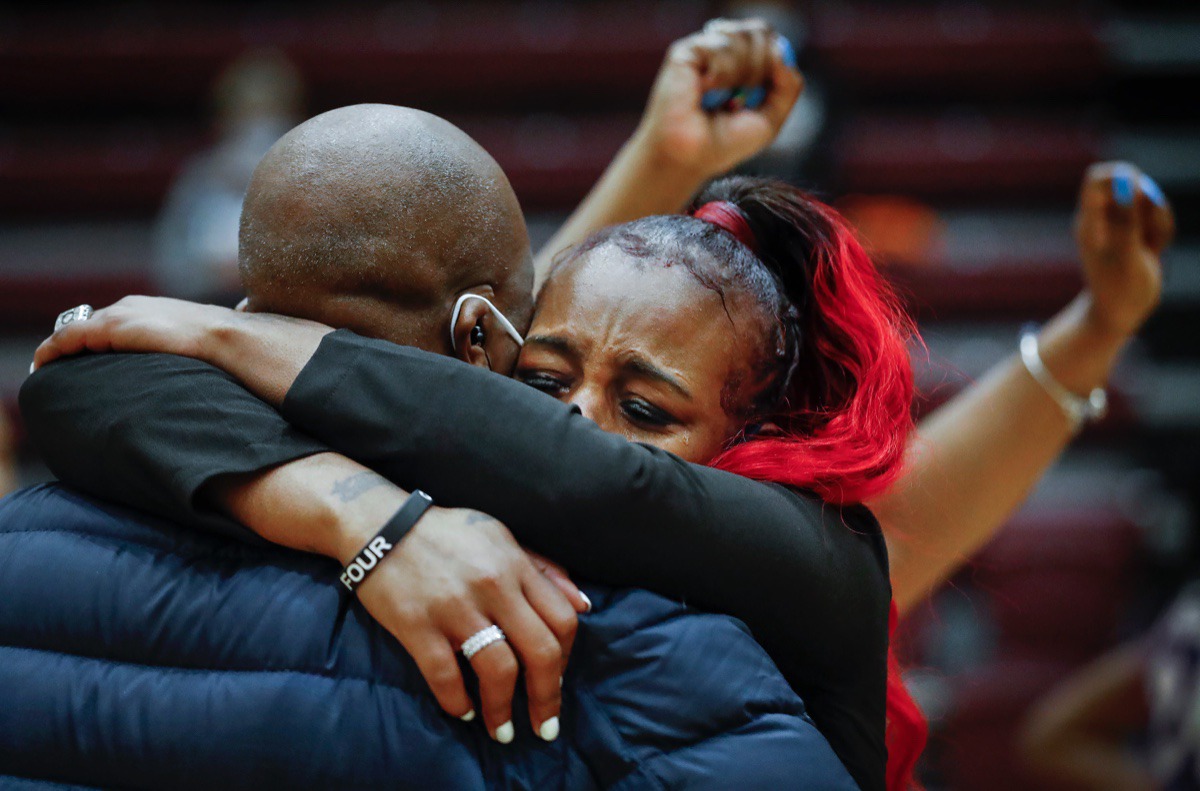 <strong>Arlington head coach Ashley Shields (right) celebrates after her team defeated Collierville on Monday, March 8, 2021.</strong>&nbsp;(Mark Weber/The Daily Memphian)